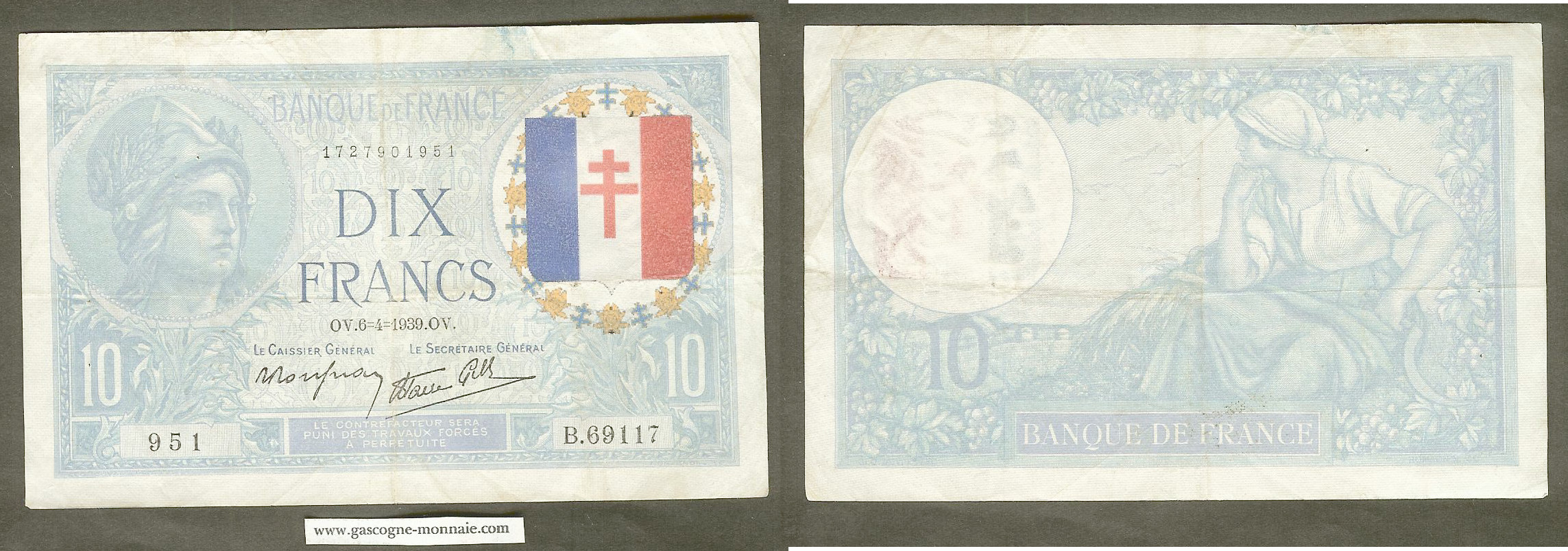 10 francs Minerve 6.4.1939 Cross of Lorraine gVF